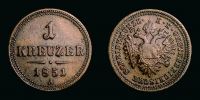1851 AD., Austria, Hapsburg monarchy, Franz Joseph I, Vienna / Wien mint, 1 Kreuzer, KM 2185.