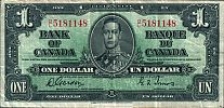 Canada, 1937 AD., George VI, Bank of Canada, 1 Dollar, World Paper Money P-58d, D/L 5181148 Obverse.