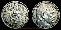 1939 AD., Germany, Third Reich, Hamburg mint, 5 Reichsmark, KM 94. 