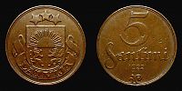 Latvia, 1922 AD., 1st Republic, Huguenin Freres mint (Switzerland), 5 Santimi, KM 3.