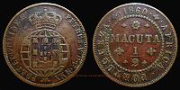 1860 AD., Portuguese Empire, Angola colony, Pedro V, Lisbon mint, ½ Macuta, KM 58.
