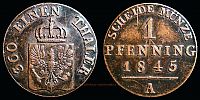 1845 AD., German States, Prussia, Friedrich Wilhelm IV, Berlin mint, 1 Pfenning, KM 447. 