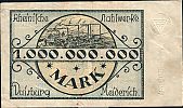 1923 AD., Germany, Weimar Republic, Duisburg-Meiderich, Rheinische Stahlwerke A.G., Notgeld, currency issue, 1.000.000.000 Mark, Keller 1205zc.2. Reihe A 585996 Reverse 