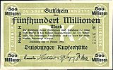 1923 AD., Germany, Weimar Republic, Duisburg, Duisburger Kuppferhütte, Notgeld, currency issue, 500.000.000 Mark, Tieste 055.26. Reihe H 9822 Obverse 