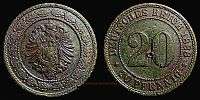 1888 AD., Germany, 2nd Empire, Wilhelm I, Berlin mint, 20 Pfennig, KM 9.1. 