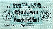 1918 AD., Germany, 2nd Empire, Celle, Trüller company, Notgeld, currency issue, ½ Mark, Tieste 1115.25.02. 06993 Obverse 