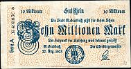 1923 AD., Germany, Weimar Republic, MÃ¼nchen-Gladbach (MÃ¶nchengladbach, town), Notgeld, currency issue, 10.000.000 Mark, Tieste 50.075 ?. A 493056 Obverse 