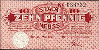 1918 AD., Germany, 2nd Empire, Neuss (town), Notgeld currency issue 10 Pfennig, Grabowski N25.4a. 033732 Obverse 