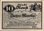 1918 AD., Germany, Weimar Republic, Neuss (town), Notgeld, currency issue 10 Mark, Geiger 377.02. Obverse 
