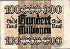 1923 AD., Germany, Weimar Republic, Neuss (town), Notgeld, currency issue, 100.000.000 Mark, Keller 3840l.2(O). O 03777 Reverse 