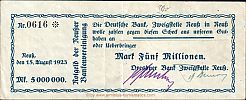 1923 AD., Germany, Weimar Republic, Neuss (NeuÃŸer Bankenvereinigung), Notgeld, currency issue, 5.000.000 Mark check, ref. ?. 0616 Obverse 