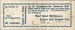 1923 AD., Germany, Weimar Republic, Neuss (NeuÃŸer Bankenvereinigung), Notgeld, currency issue, 5.000.000 Mark check, ref. ?. 5810 Obverse 