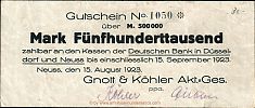 1923 AD., Germany, Weimar Republic, Neuss (Gnott & KÃ¶hler AG), Notgeld, currency issue, 500.000 Mark, Keller 3843b. 1050 Obverse 