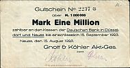 1923 AD., Germany, Weimar Republic, Neuss (Gnott & KÃ¶hler AG), Notgeld, currency issue, 1.000.000 Mark, M. 1023.4. 2237 Obverse 