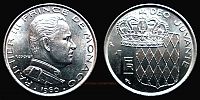 Monaco, 1960 AD., Rainier III, Paris mint, 1 Franc, KM 140. 