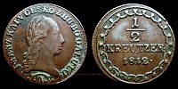 1812 AD., Habsburg monarchy, Austria, Francis I, Vienna / Wien mint (Austria), Â½ Kreutzer, KM 2109. 