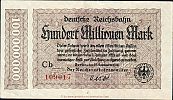 1923 AD., Germany, Weimar Republic, Berlin, Deutsche Reichsbahn, 100.000.000 Mark, Müller/Geiger 002.13c. Cb 109017 Obverse 
