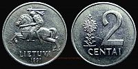 Lithuania, 1991 AD., 2nd Republic, Vilnius mint, 2 Centai, KM 86. 