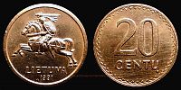 Lithuania, 1991 AD., 2nd Republic, Vilnius or Birmingham mint, 20 CentÅ³, KM 89. 
