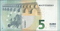 European Union, European Central Bank, Pick 26n. 5 Euro, 2013 AD. Printer: Oesterreichische Banknoten und Sicherheitsdruck GmbH, Vienna, Austria, N020C4-NC4313320001 Reverse 