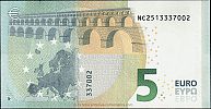 European Union, European Central Bank, Pick 26n. 5 Euro, 2013 AD. Printer: Oesterreichische Banknoten und Sicherheitsdruck GmbH, Vienna, Austria, N020E2-NC2513337002 Reverse 