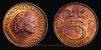 1975 AD., Netherlands, Juliana, Utrecht mint, 5 Cent, KM 181.