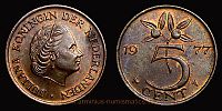 1977 AD., Netherlands, Juliana, Utrecht mint, 5 Cent, KM 181. 