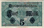 1917 AD., Germany, 2nd Empire, Reichsschuldenverwaltung, Berlin, 5 Mark, Pick 56b/2. OÂ·16989259 Reverse