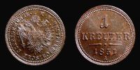 1851 AD., Austria, Hapsburg monarchy, Franz Joseph I, Vienna / Wien mint, 1 Kreuzer, KM 2185.