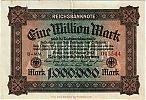1923 AD., Germany, Weimar Republic, Reichsbank, Berlin, 2nd issue, 1000000 Mark, printer E. MÃ¼hlthaler, MÃ¼nchen, Pick 86a. B-MM 045544 Obverse