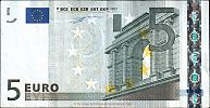 European Union, European Central Bank, Pick 1x.2. 5 Euro, 2002 AD. Printer: Giesecke & Devrient, Germany, P004H1-X0551******* Obverse 