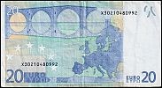 European Union, European Central Bank, Pick 10x.1. 20 Euro, 2002 AD., Printer: Giesecke & Devrient, Germany, P015H3-X30210480992 Reverse