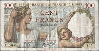 1940 AD., France, printer Banque de France, 100 Francs, World Paper Money P-94a.29. 105-Z.10813 Obverse