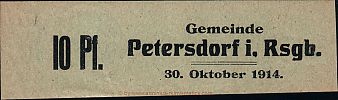 1914 AD., Germany, 2nd Empire, Petersdorf im Riesengebirge (municipality), Notgeld, currency issue, 10 Pfennig, Tieste 05.01.10.2 B. Obverse 