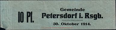 1914 AD., Germany, 2nd Empire, Petersdorf im Riesengebirge (municipality), Notgeld, currency issue, 10 Pfennig, Tieste 05.05.2 A. Obverse 