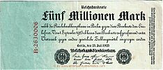 1923 AD., Germany, Weimar Republic, Reichsbank, Berlin, 4th issue, 5000000 Mark, Reichsdruckerei, Berlin, Pick 95. B·2630006 Obverse