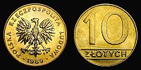 1989 AD., Poland, Peoples Republic, Warsaw mint, 10 ZÅ‚otych, KM Y 152.2. 