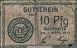 1917 AD., Germany, 2nd Empire, Kattowitz, Stadt, Notgeld, currency issue, 10 Pfennig, Tieste 3405.70.10.2. 5189 Obverse