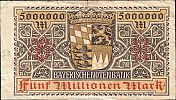 1923 AD., Germany, Weimar Republic, München, Bayerische Notenbank, 5.000.000 Mark, World Paper Money P-S932.2. 017003 Reverse 