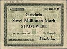 1923 AD., Germany, Weimar Republic, Werl (town), Notgeld, currency issue, 2.000.000 Mark, Topp 895.7. G 12664 Obverse 