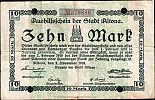 1918 AD., Germany, Weimar Republic, Altona (town), Notgeld, 10 Mark, Geiger 012.01. 379880 Reverse, devaluated by perforations