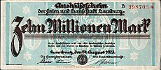 1923 AD., Germany, Weimar Republic, Hamburg (town), Notgeld, currency issue, 10.000.000 Mark, Tieste 035.035. B 398703 Obverse 