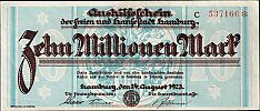 1923 AD., Germany, Weimar Republic, Hamburg (town), Notgeld, currency issue, 10.000.000 Mark, Tieste 035.030. C 537166 Obverse 