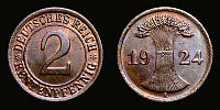 1924 AD., Germany, Weimar Republic, Berlin mint, 2 Rentenpfennig, Jaeger 307.