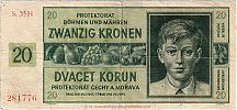 1944 AD., 3rd Reich, for German occupied territory Bohemia and Moravia (Protektorat BÃ¶hmen und MÃ¤hren) during WWII, 20 Korun / Kronen, Pick 9a3. S.35H-281776 Obverse