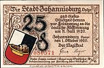 1920 AD., Germany, Weimar Republic, Johannisburg (town), Notgeld, collector series issue, 25 Pfennig, Grabowski/Mehl 662.1a-3/4. 080571 Obverse 