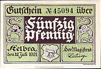 1921 AD., Germany, Weimar Republic, Kelbra (town), Notgeld, collector series issue, 50 Pfennig, Grabowski/Mehl 686.2-2/6. 45094 Obverse 