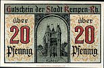 1920 AD., Germany, Weimar Republic, Kempen (town), Notgeld, currency issue, 20 Pfennig, Grabowski K21.4a. 81448 Reverse 