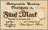 1918 AD., Germany, Weimar Republic, Bamberg (city), Notgeld, currency issue, 5 Mark, Geiger 28.01. 251855 Obverse