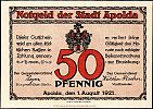 1921 AD., Germany, Weimar Republic, Apolda (city), Notgeld, collector series issue, 50 Pfennig, Grabowski/Mehl 36.3b-4/6. Obverse